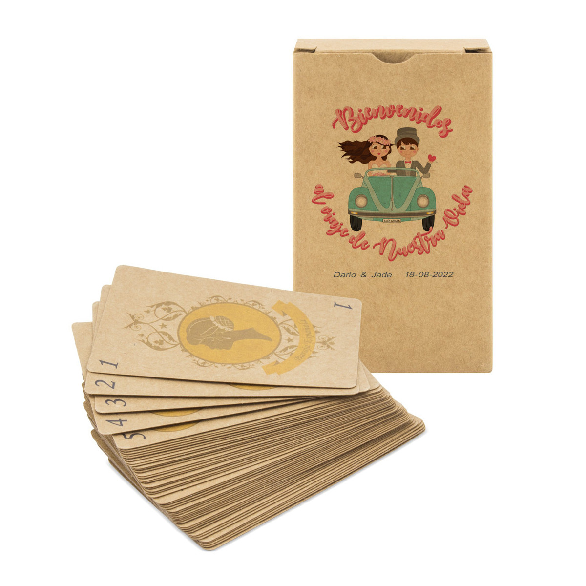 Baralho de cartas de casamento espanhol personalizado com design kraft