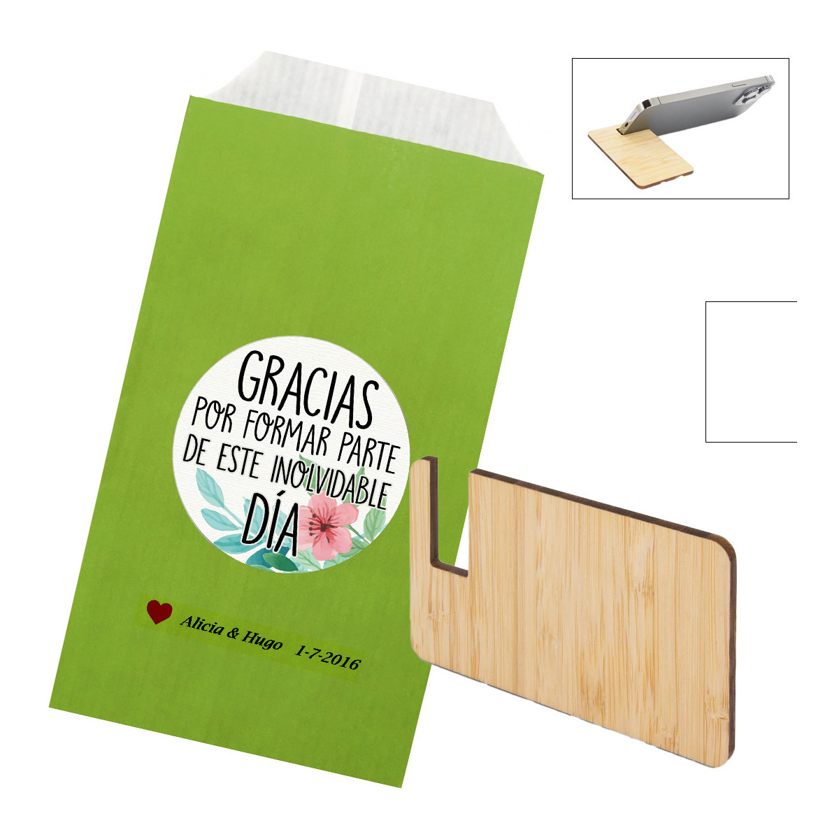 Suporte de madeira para celular apresentado em envelope kraft verde personalizado