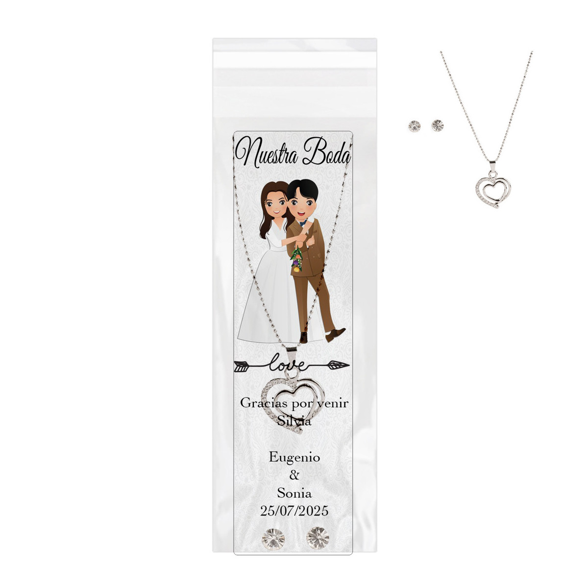 Gargantilha e brincos apresentados em bolsa transparente com marcador de livro personalizado de casamento