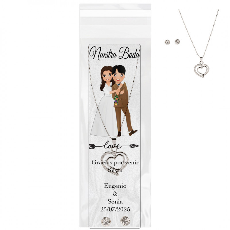 Gargantilha e brincos apresentados em bolsa transparente com marcador de livro personalizado de casamento