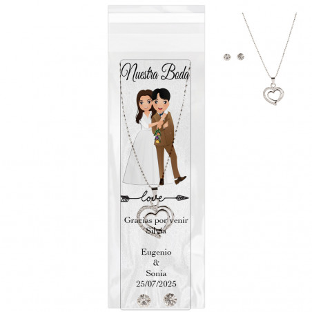 Gargantilha e brincos apresentados em bolsa transparente com marcador de livro personalizado de casamento