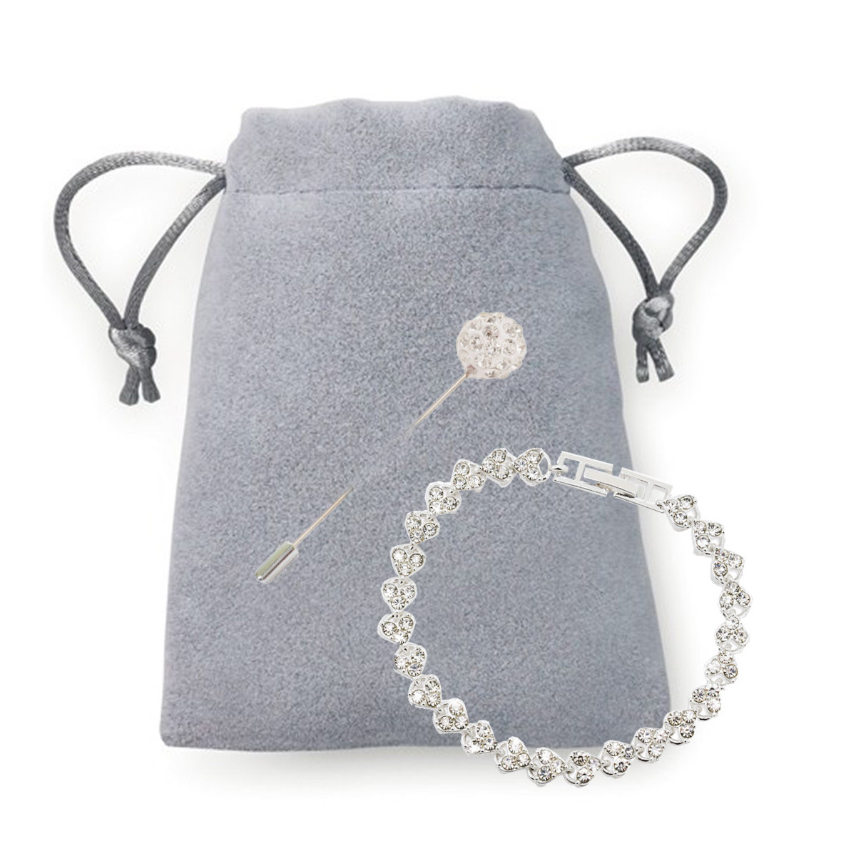 Pulseira de joias finas com cristais apresentada em bolsa de camurça e alfinete de casamento