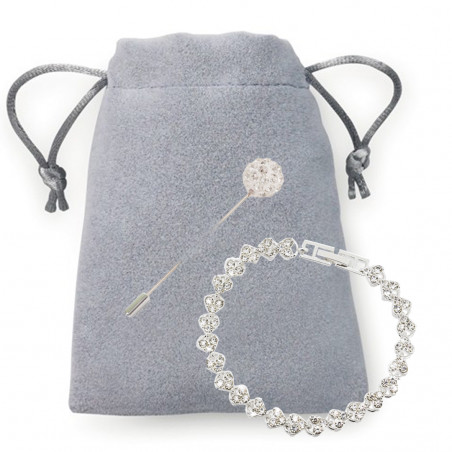 Pulseira de joias finas com cristais apresentada em bolsa de camurça e alfinete de casamento