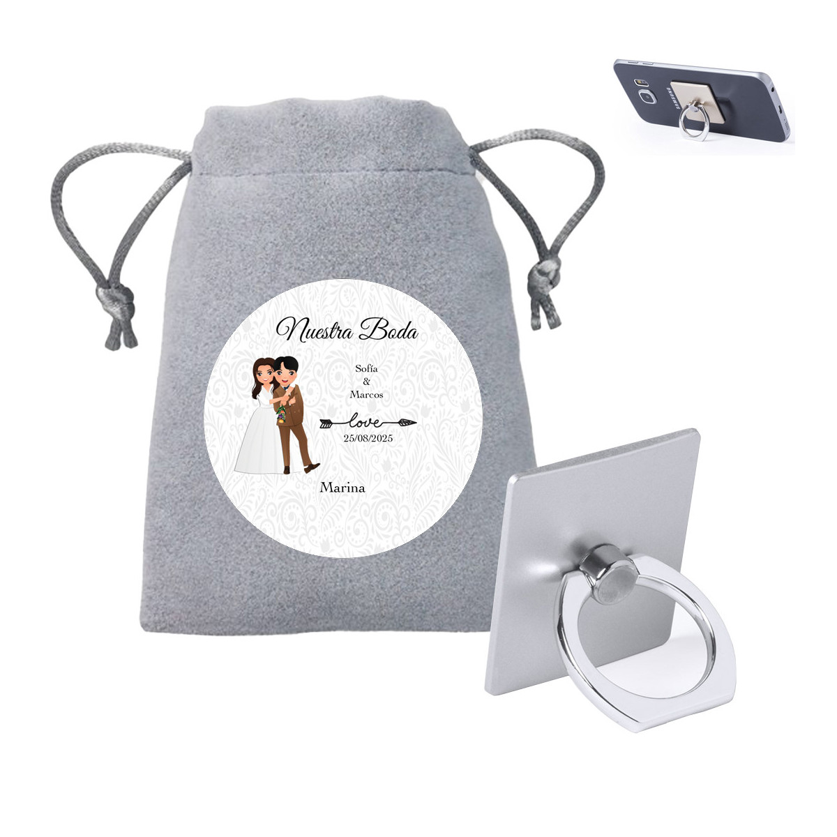Porta-anel para celular apresentado em bolsa de camurça e adesivo de casamento personalizado