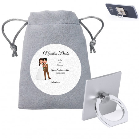 Porta-anel para celular apresentado em bolsa de camurça e adesivo de casamento personalizado