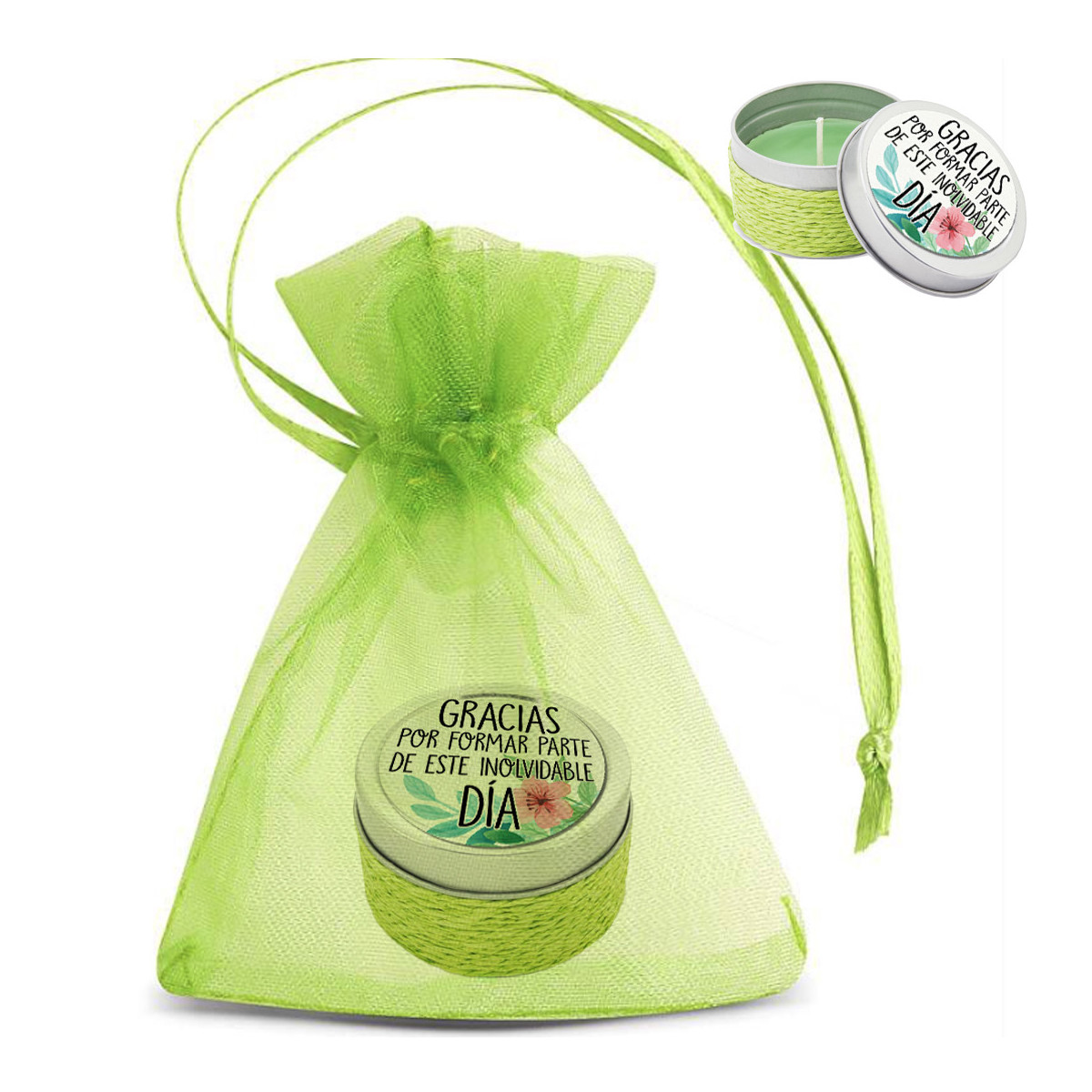 Vela aromática em lata personalizada com adesivo e apresentada em saco de organza
