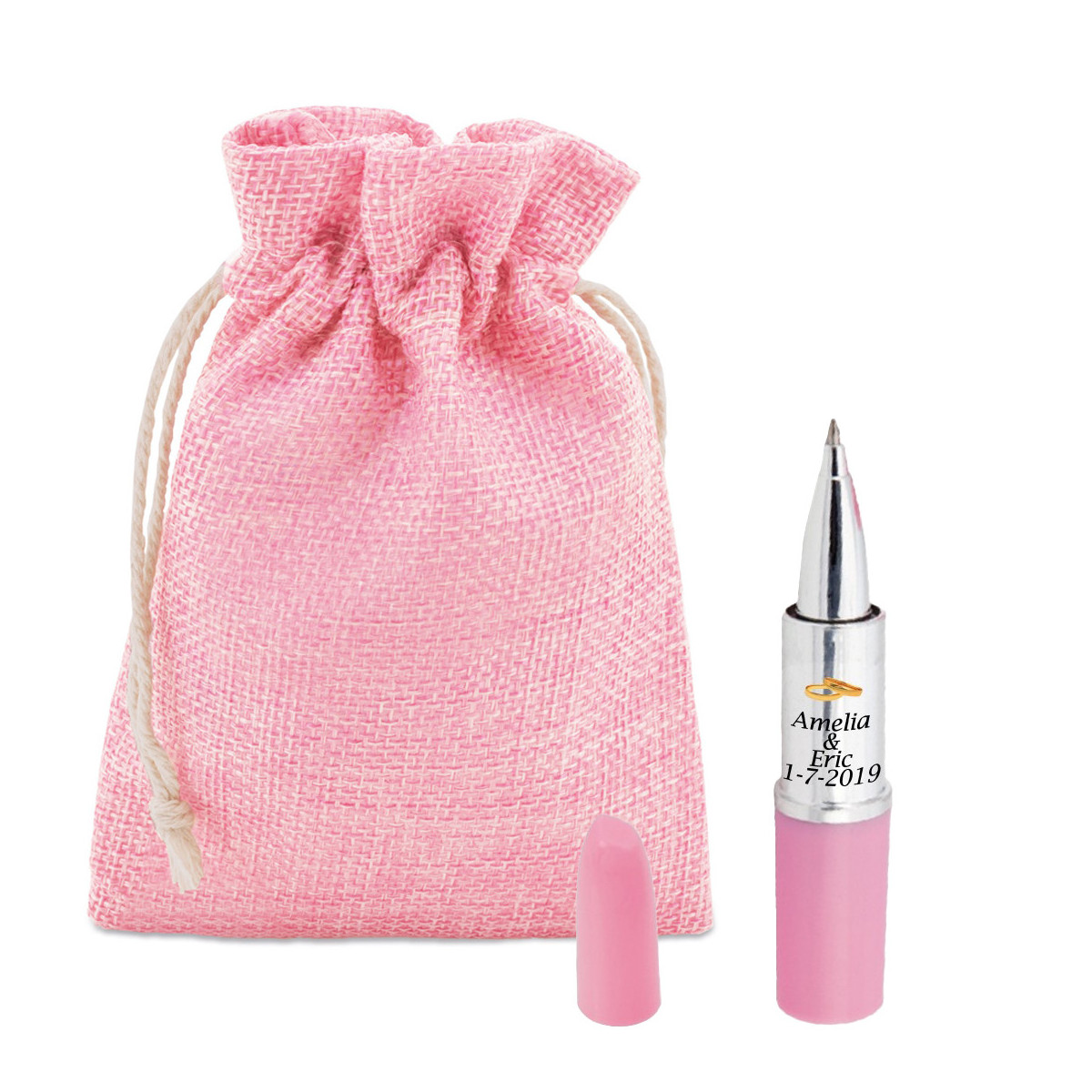 Caneta batom em bolsa rústica rosa personalizada