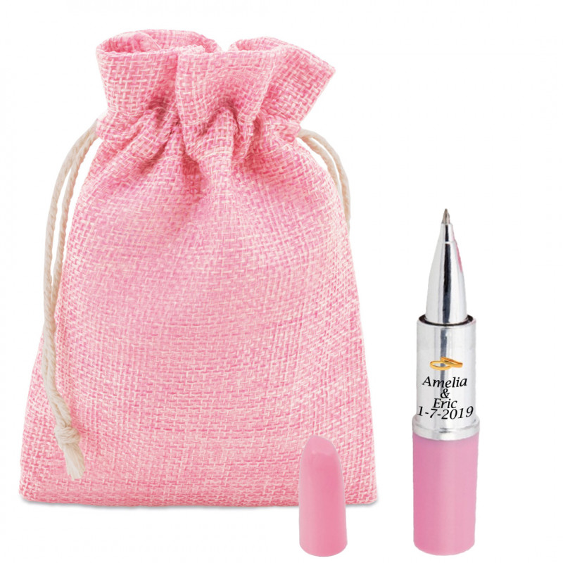 Caneta batom em bolsa rústica rosa personalizada