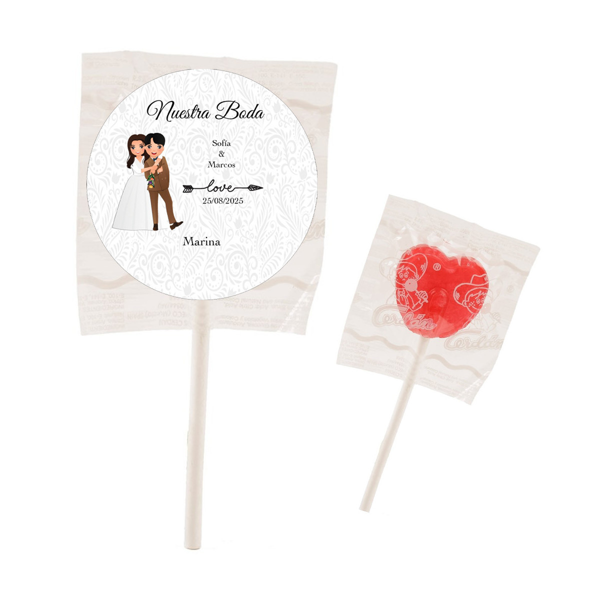 Pirulito personalizado em forma de coração vermelho com adesivo de casamento