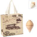 Trompo de madeira com fio apresentado em bolsa estilo vintage