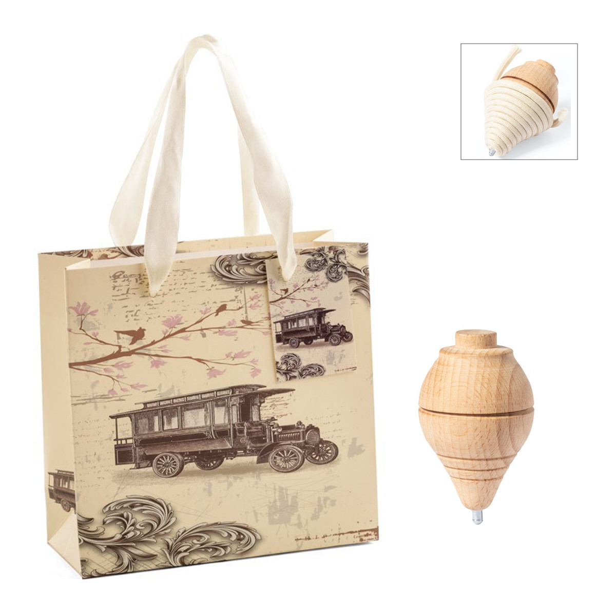 Trompo de madeira com fio apresentado em bolsa estilo vintage