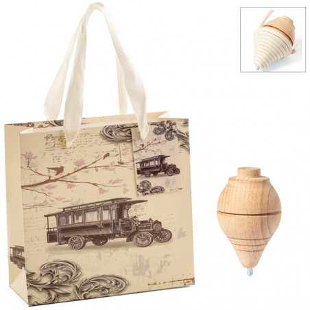 Trompo de madeira com fio apresentado em bolsa estilo vintage