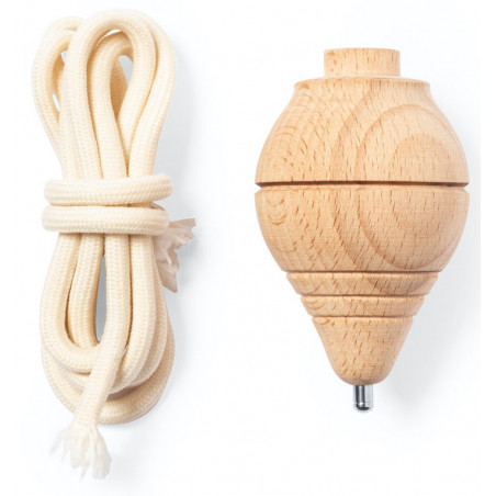 Trompo de madeira com fio apresentado em bolsa estilo vintage
