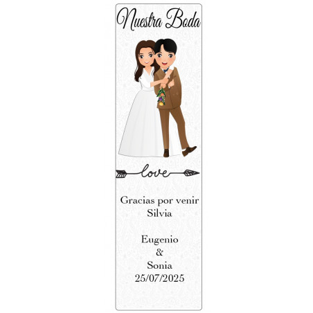 Caneta com medidor apresentada em bolsa transparente e marcador de página personalizado específico para casamento.