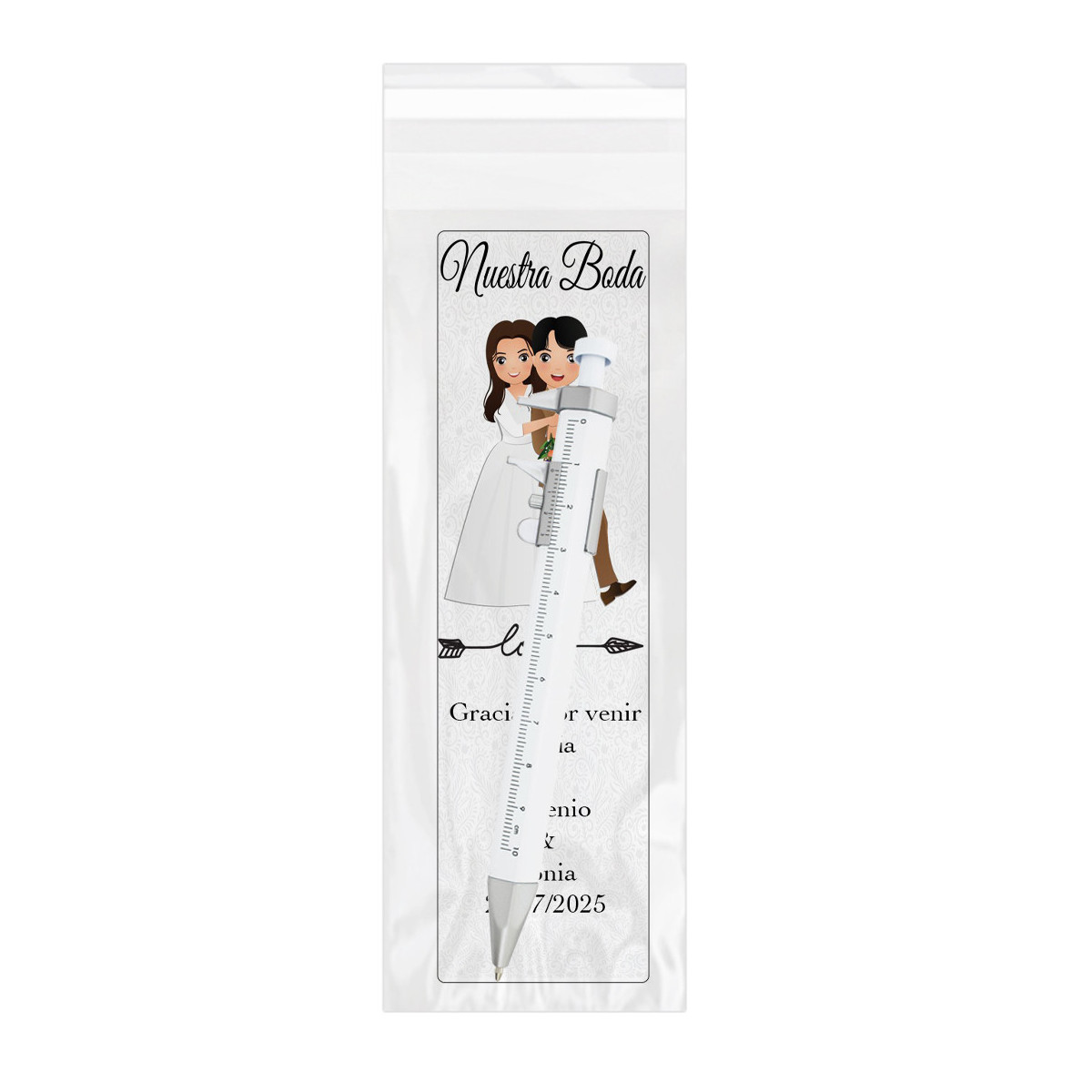 Caneta com medidor apresentada em bolsa transparente e marcador de página personalizado específico para casamento.