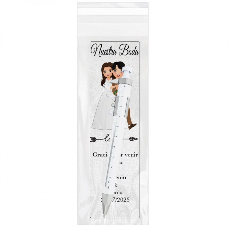 Caneta com medidor apresentada em bolsa transparente e marcador de página personalizado específico para casamento.