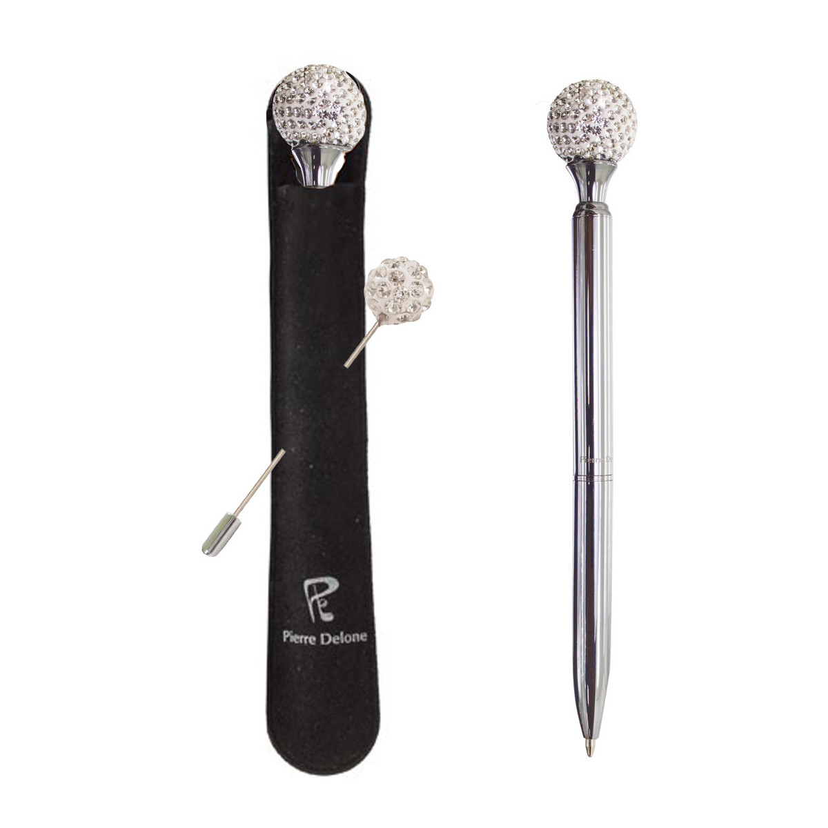 Caneta com bola de cristal apresentada em estojo preto e alfinete para casamentos