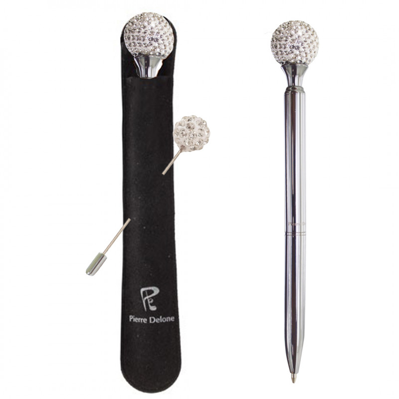 Caneta com bola de cristal apresentada em estojo preto e alfinete para casamentos
