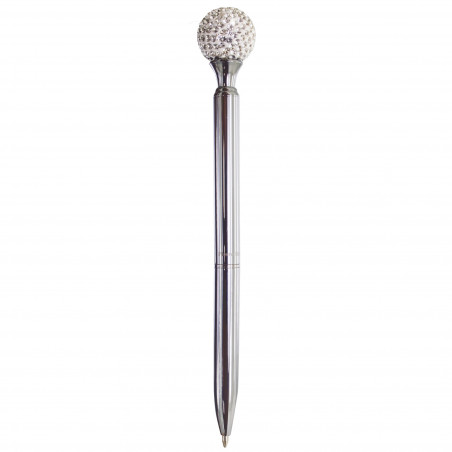 Caneta com bola de cristal apresentada em estojo preto e alfinete para casamentos