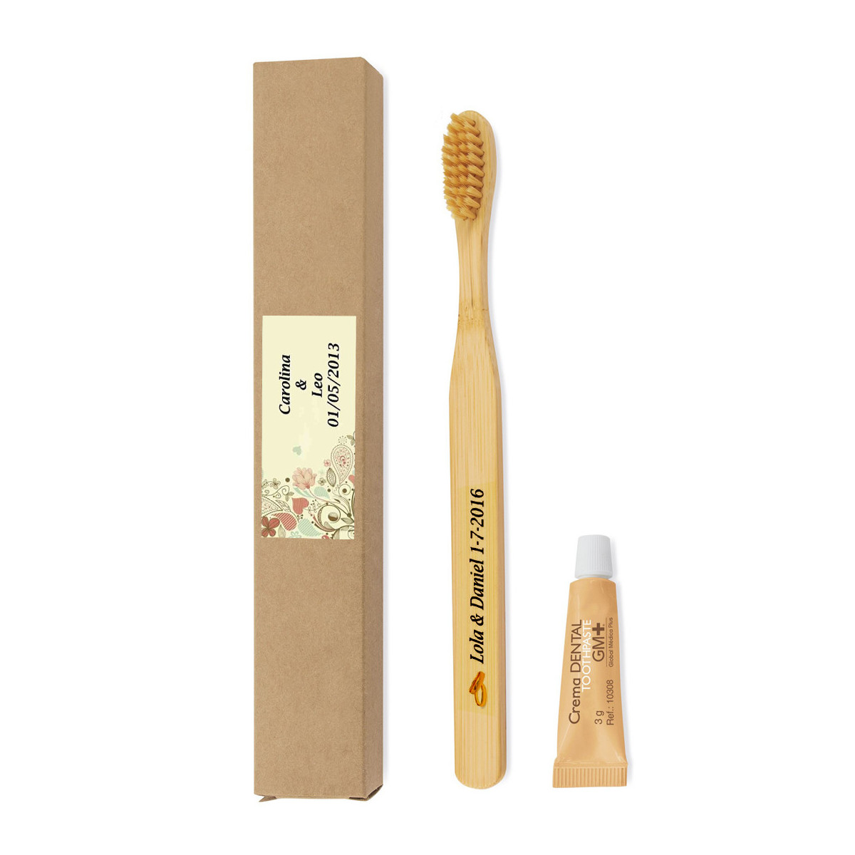 Escova de dentes de bambu personalizada com adesivo para casamentos com pasta de dentes em caixa de papelão
