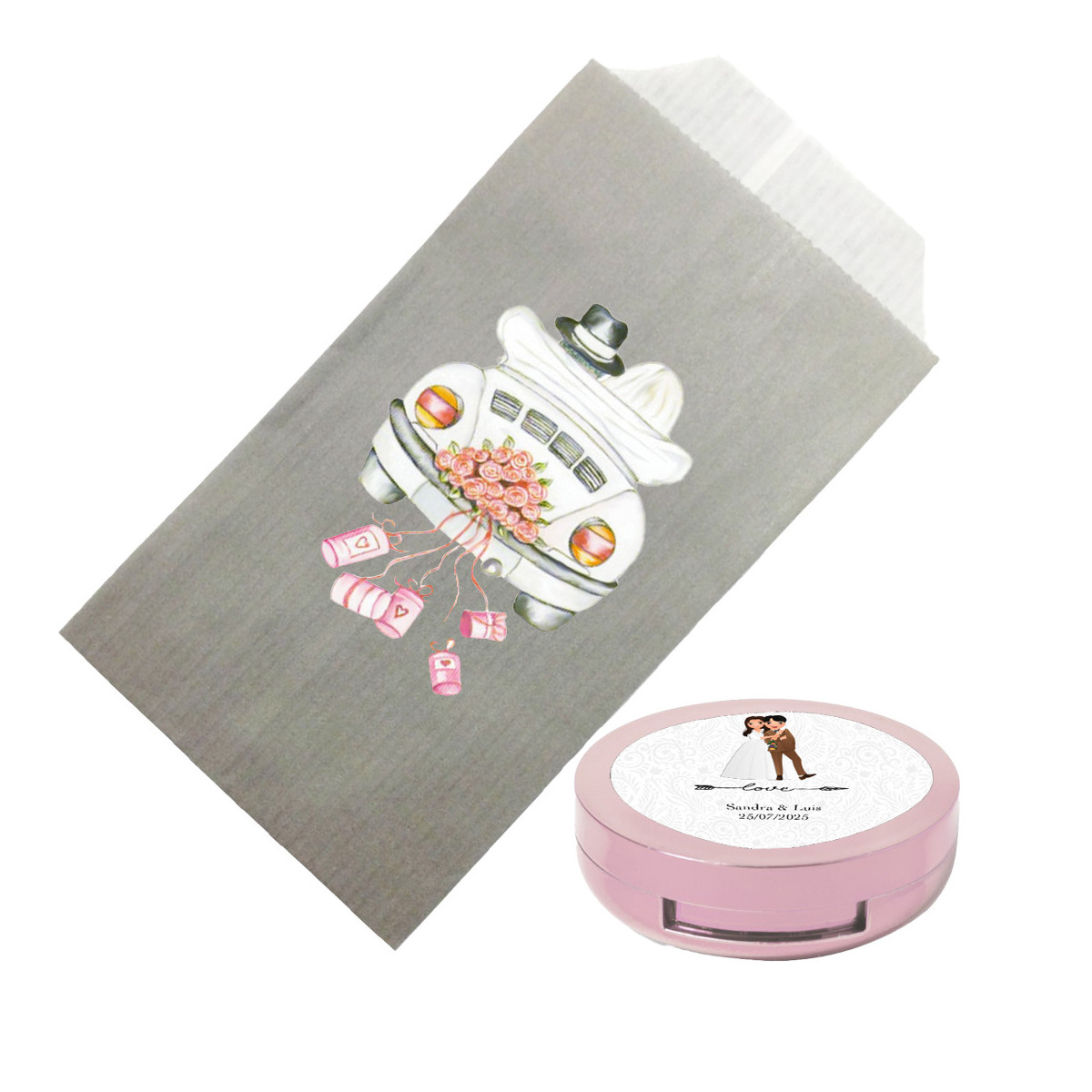 Brilho labial cremoso apresentado em envelope kraft e personalizado com adesivo de casamento