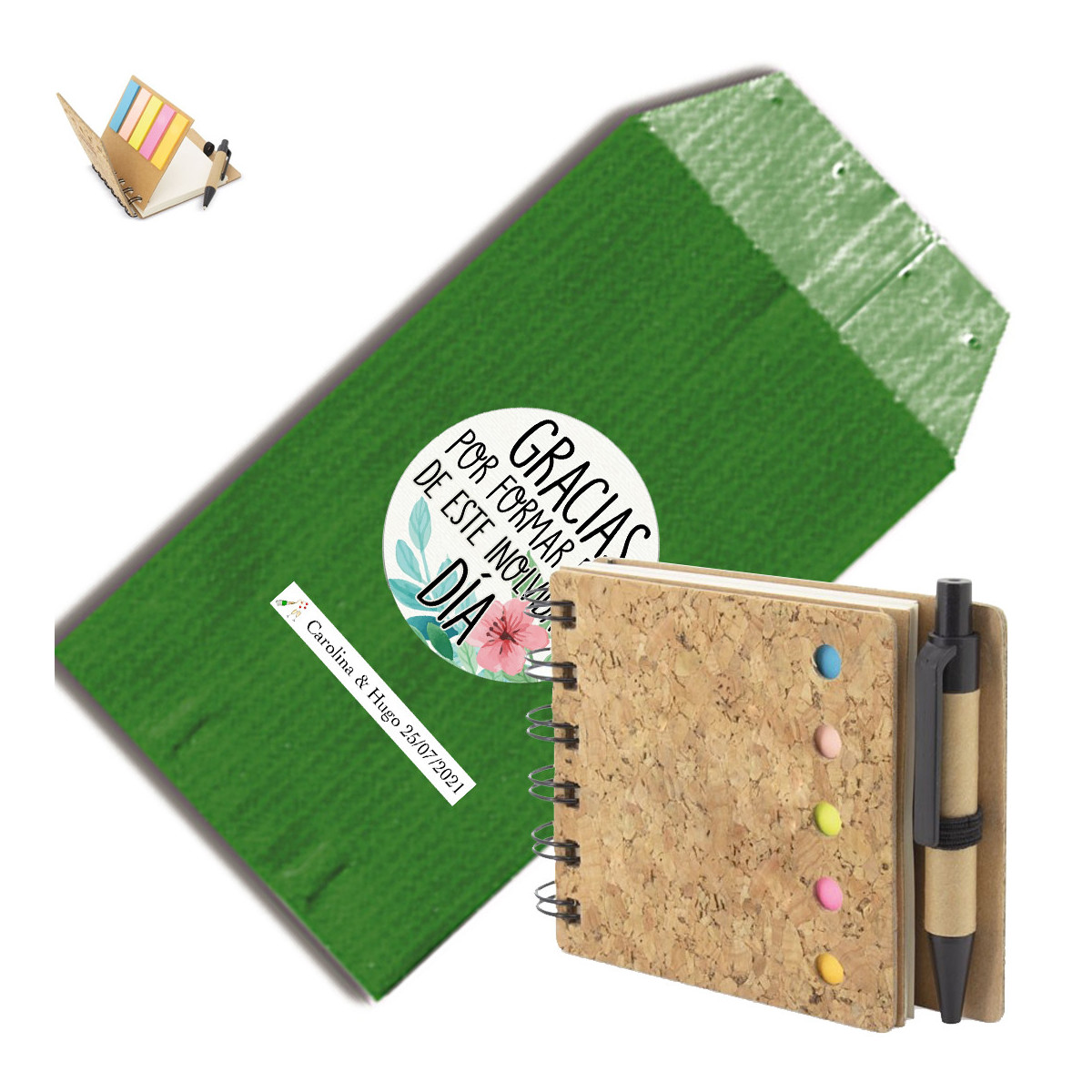 Caderno de argolas com post-its e folhas, além de caneta para escrever, em envelope kraft verde e adesivo de casamento