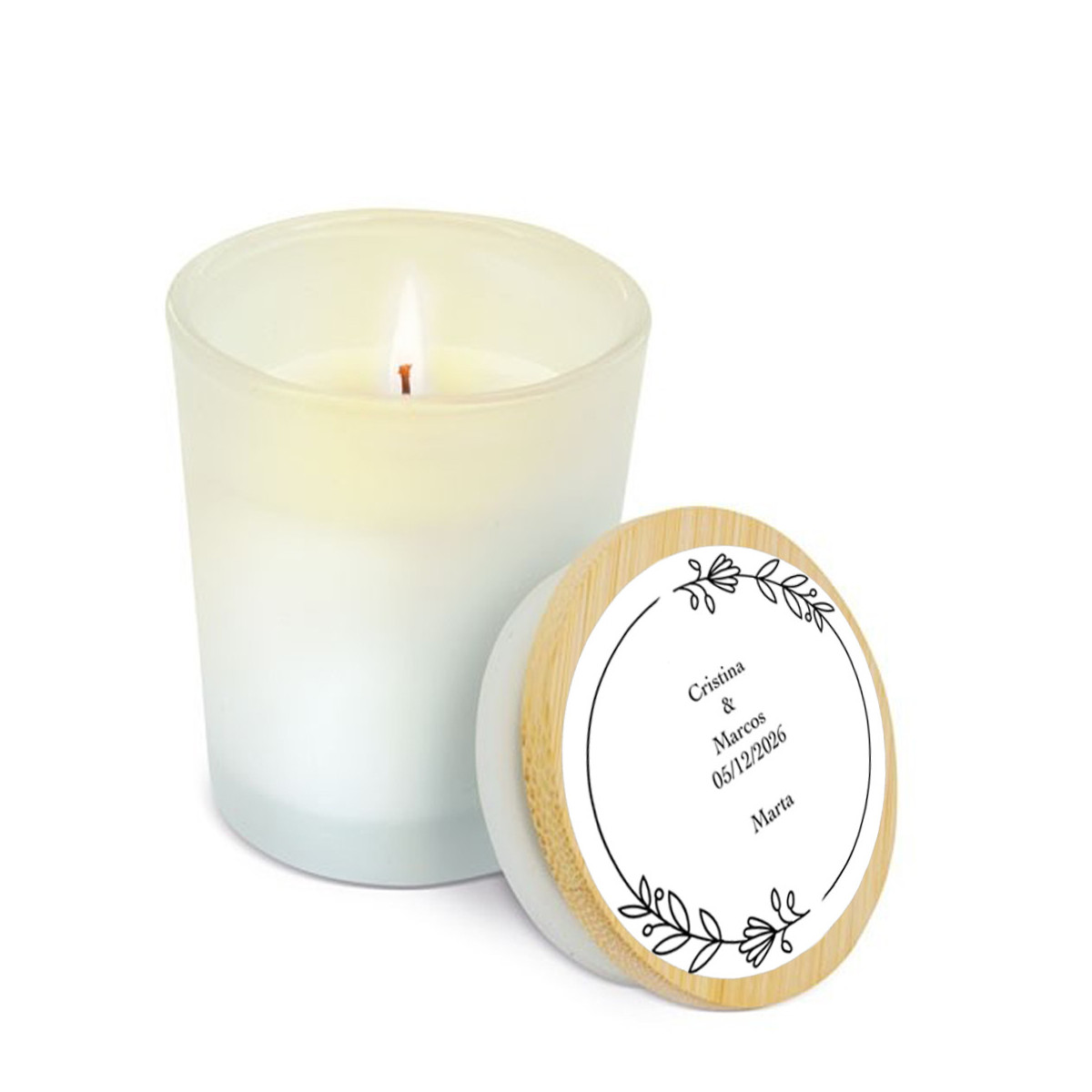 Vela em frasco de vidro com tampa de bambu personalizada