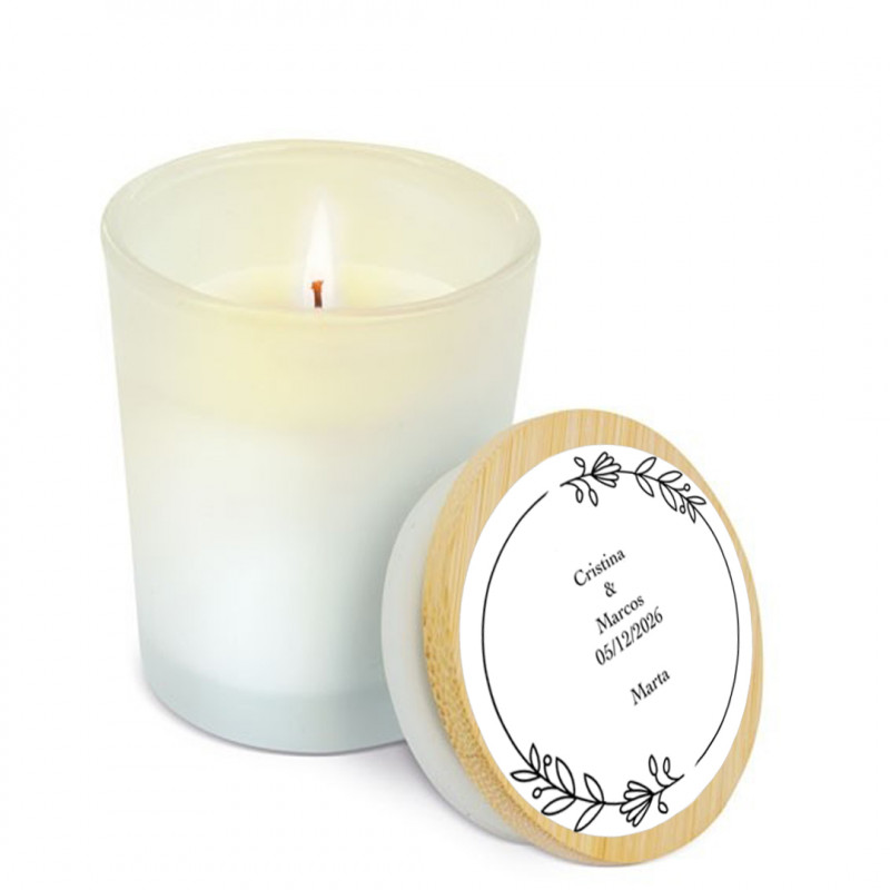 Vela em frasco de vidro com tampa de bambu personalizada