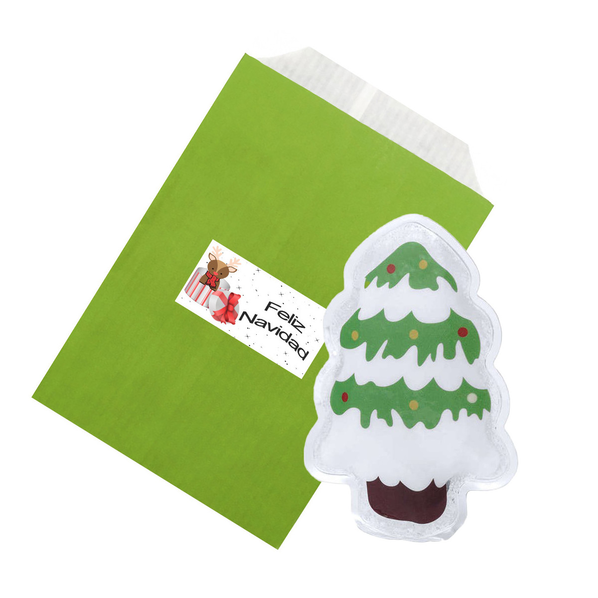 Aquecedor de mãos de bolso em formato de árvore de natal apresentado em envelope verde com adesivo de natal