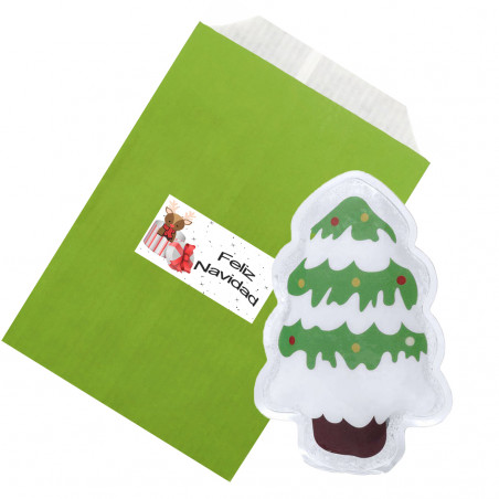 Aquecedor de mãos de bolso em formato de árvore de natal apresentado em envelope verde com adesivo de natal