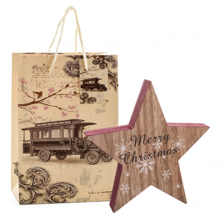 Estrela decorativa de natal em madeira apresentada em saco de presente