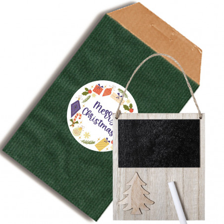 Pequeno quadro de madeira de natal em envelope verde kraft design e adesivo personalizado com sua imagem