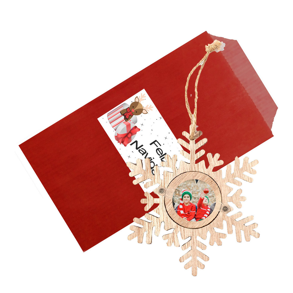 Pingente de natal com foto em formato de floco de neve apresentado em envelope vermelho para presente e adesivo para natal