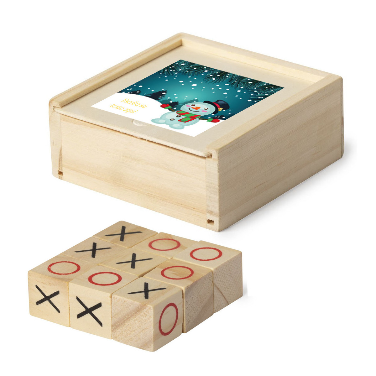 Jogo tic tac toe em caixa de madeira personalizada com frase em adesivo de natal