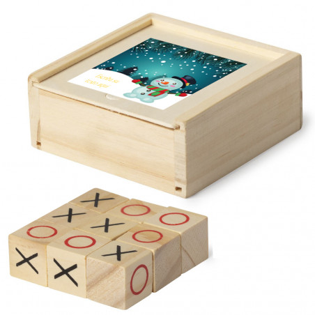 Jogo tic tac toe em caixa de madeira personalizada com frase em adesivo de natal