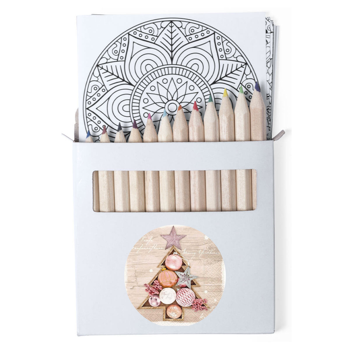 Lápis de cor em caixa de papelão com folhas de mandala e adesivos de Natal personalizáveis.