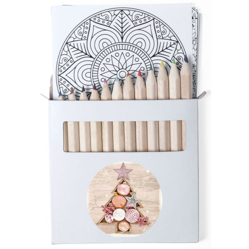 Lápis de cor em caixa de papelão com folhas de mandala e adesivos de Natal personalizáveis.
