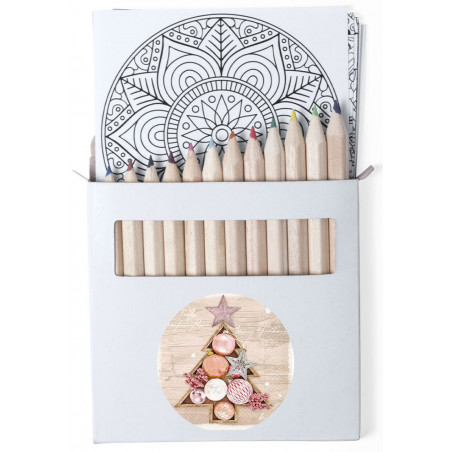 Lápis de cor em caixa de papelão com folhas de mandala e adesivos de Natal personalizáveis.
