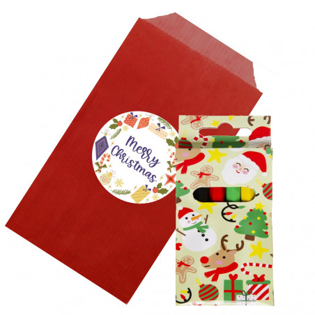 Caixa de lápis de cor com motivo natalino e apresentada em envelope vermelho com adesivo personalizado para o natal