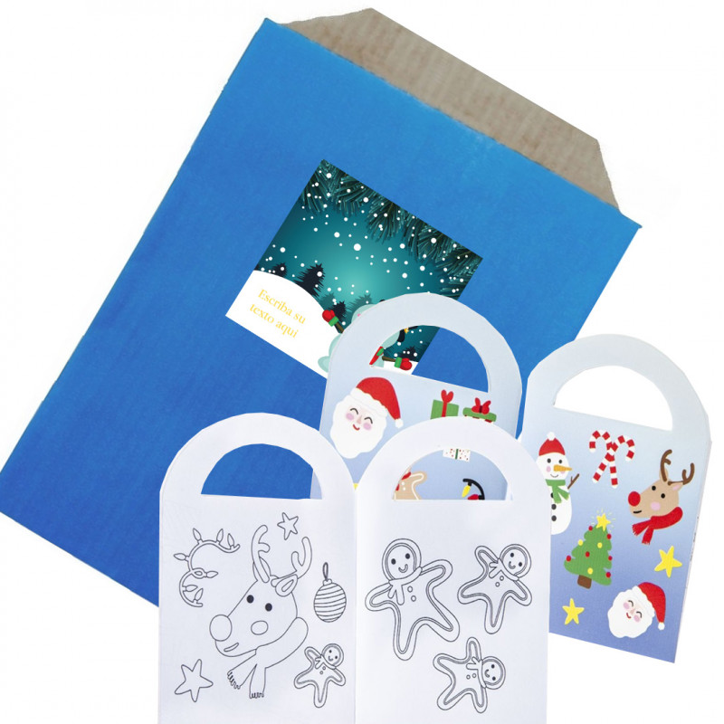 Livro de colorir de natal apresentado em um envelope de presente kraft azul e adesivo de natal para personalizar