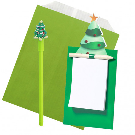 Caderno magnético com lápis de madeira com desenho de natal com envelope de presente e caneta combinando
