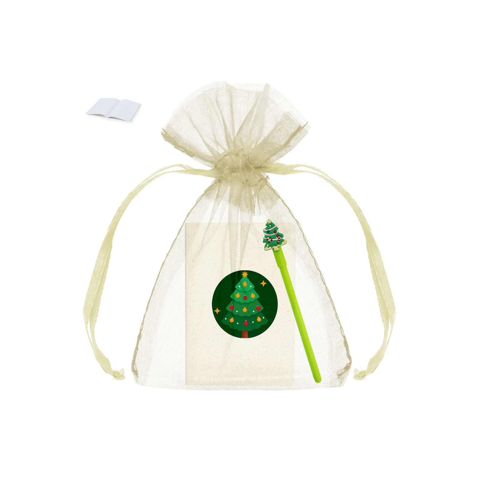 Caderno de folhas brancas com caneta de natal apresentado em bolsa e adesivo decorativo de natal