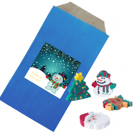 Gomas de borracha em formato de bonecos de natal apresentadas em envelope de presente e adesivo para personalizar