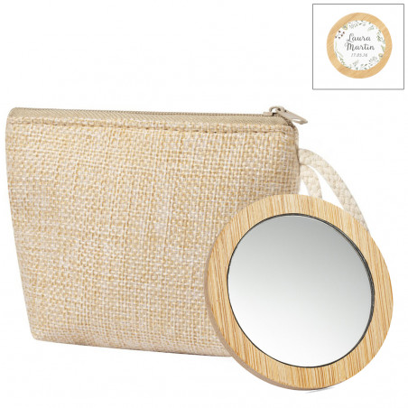 Bolsa rústica e espelho redondo de madeira com adesivo personalizado com imagem