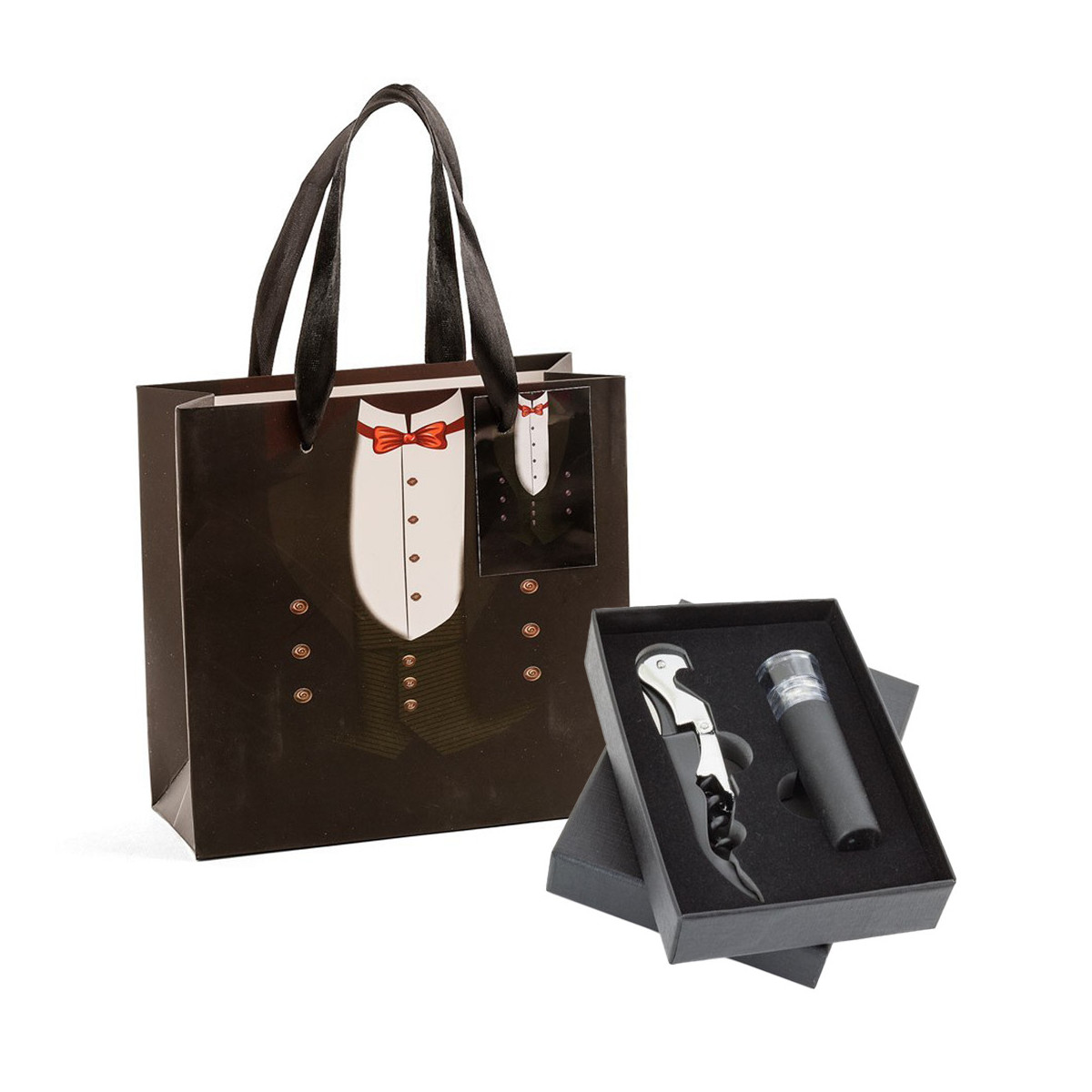 Rolha de vinho com bomba de vácuo e abridor de garrafas apresentada em caixa preta e bolsa de casamento