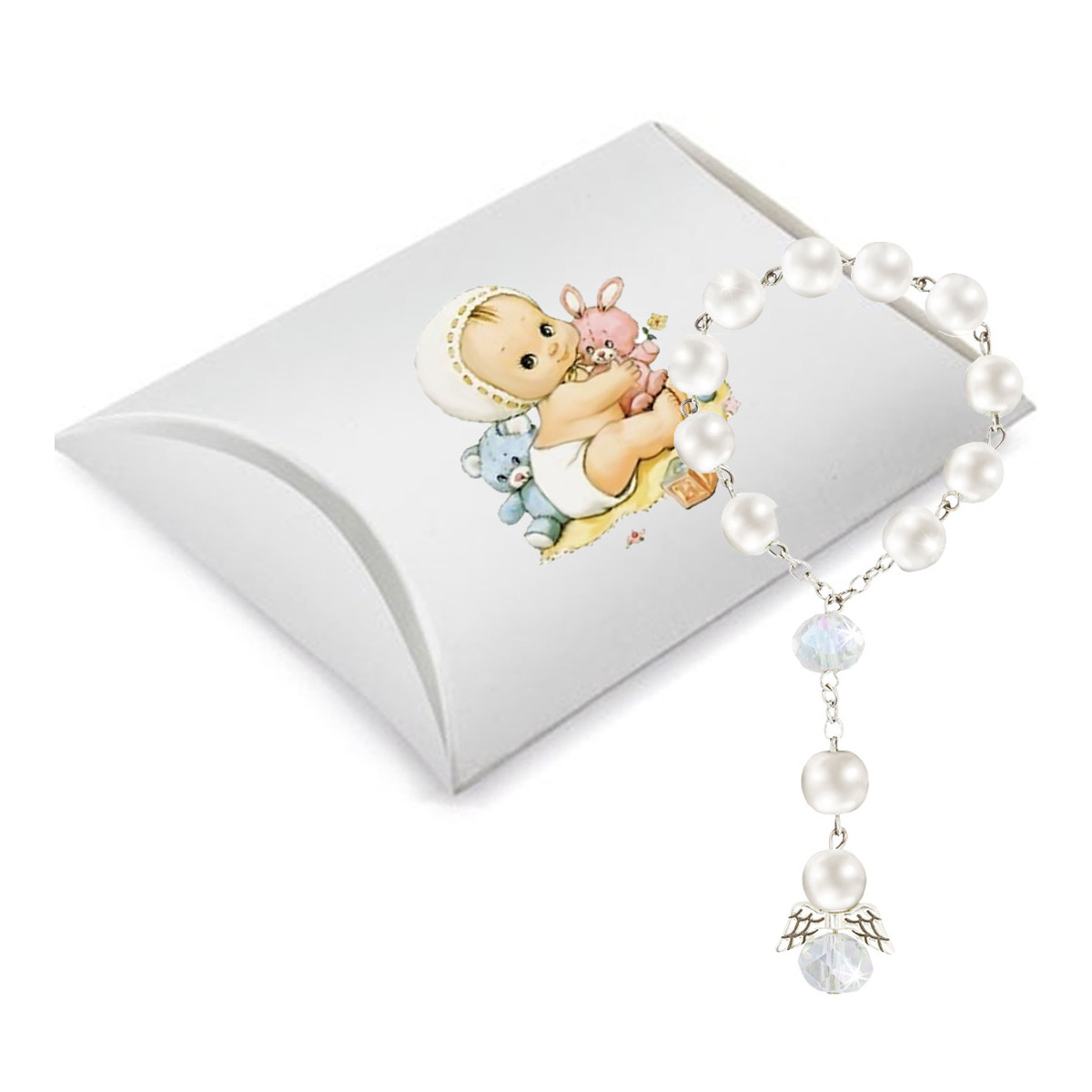 Rosário de pérolas brancas para batizado apresentado em caixa decorada com adesivo