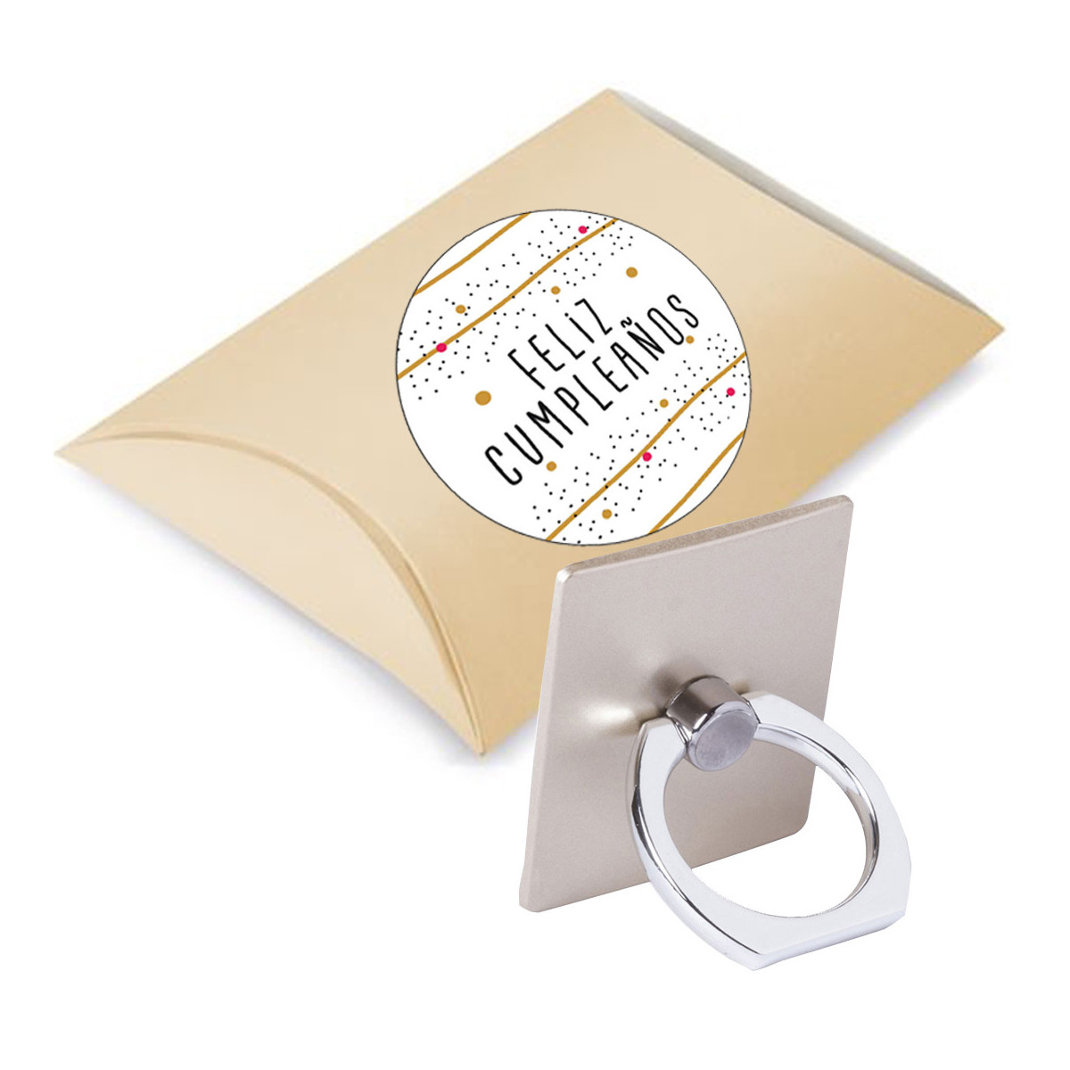Suporte de celular com adesivo apresentado em caixa de papelão e adesivo de aniversário personalizado
