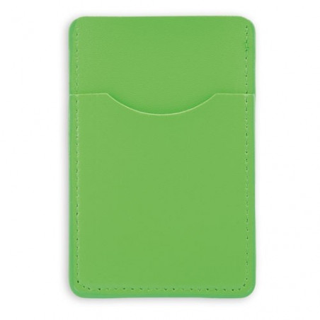 Porta cartões em couro sintético com janela verde apresentado em envelope de papel e adesivo fotográfico