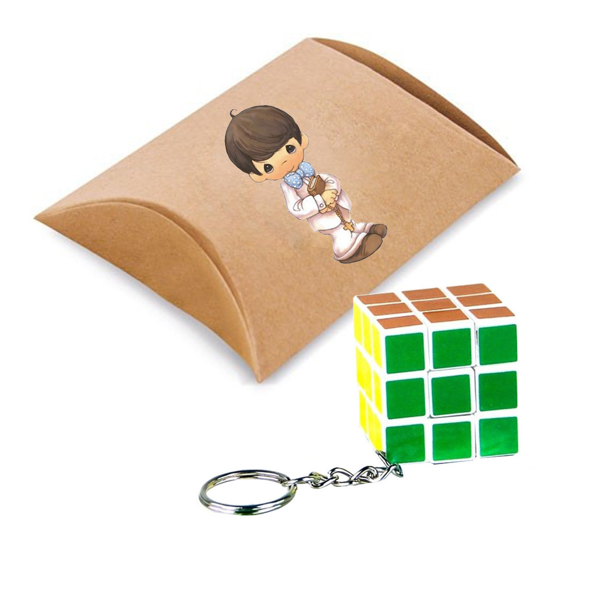 Chaveiro cubo puzzle com caixa de papelão e adesivo menino comunhão