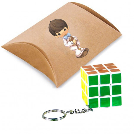 Chaveiro cubo puzzle com caixa de papelão e adesivo menino comunhão